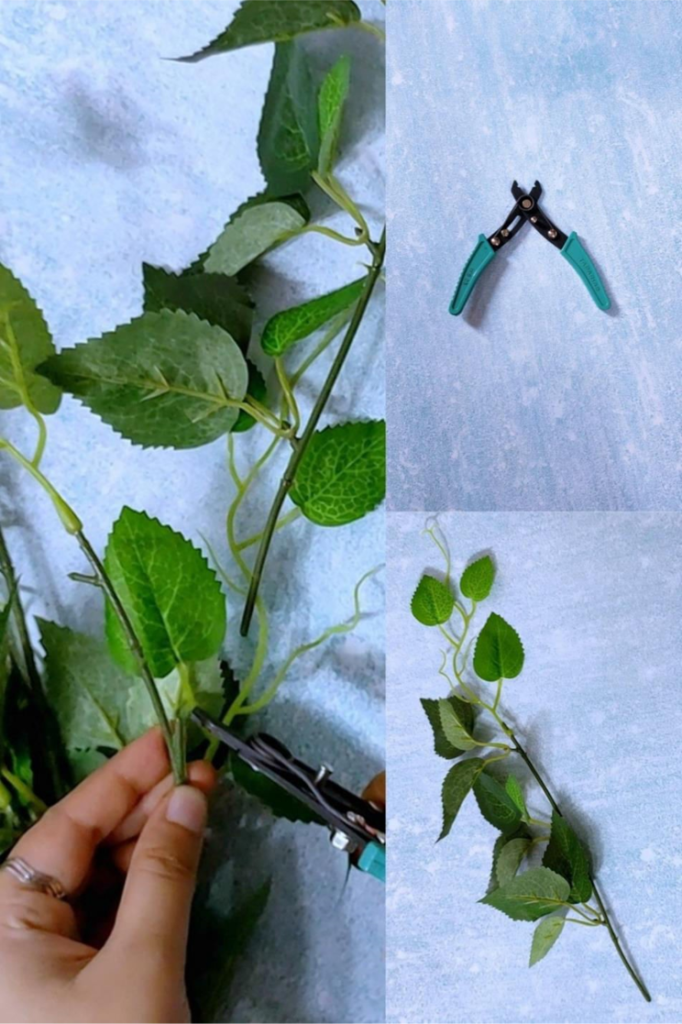 Cut the green leaves and the wire to attach them as a base on the wreath